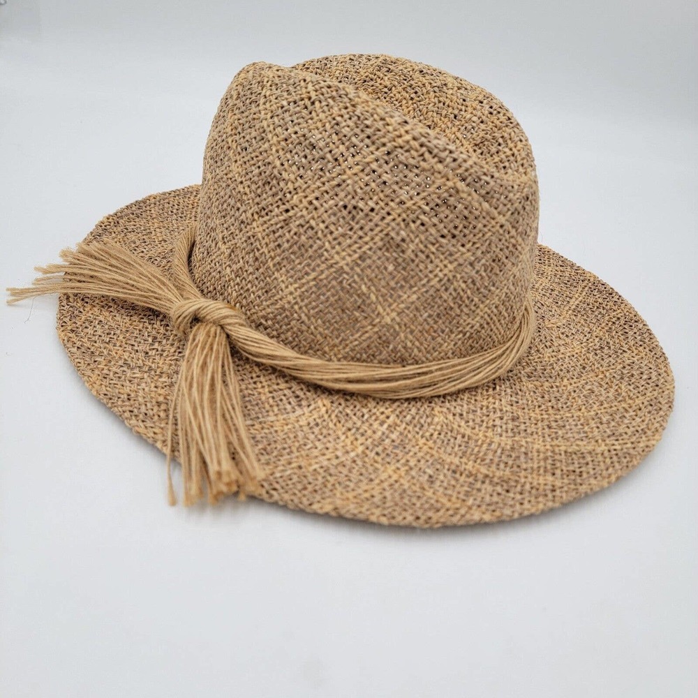 Fedora Paper Straw Sun Hat 2 Tone Open Weave Square Pattern String around Hat